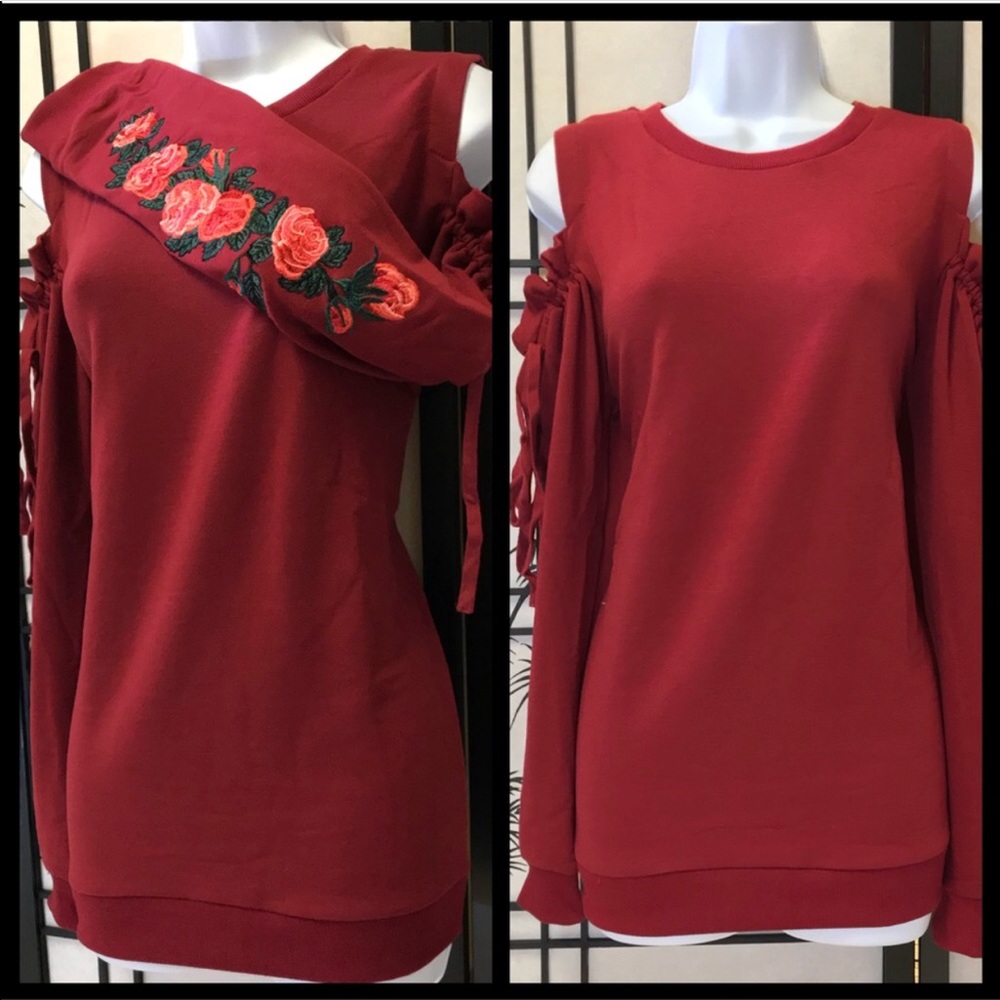 Last one  rose embroidered cold shoulder sweater - Picture 3 of 8